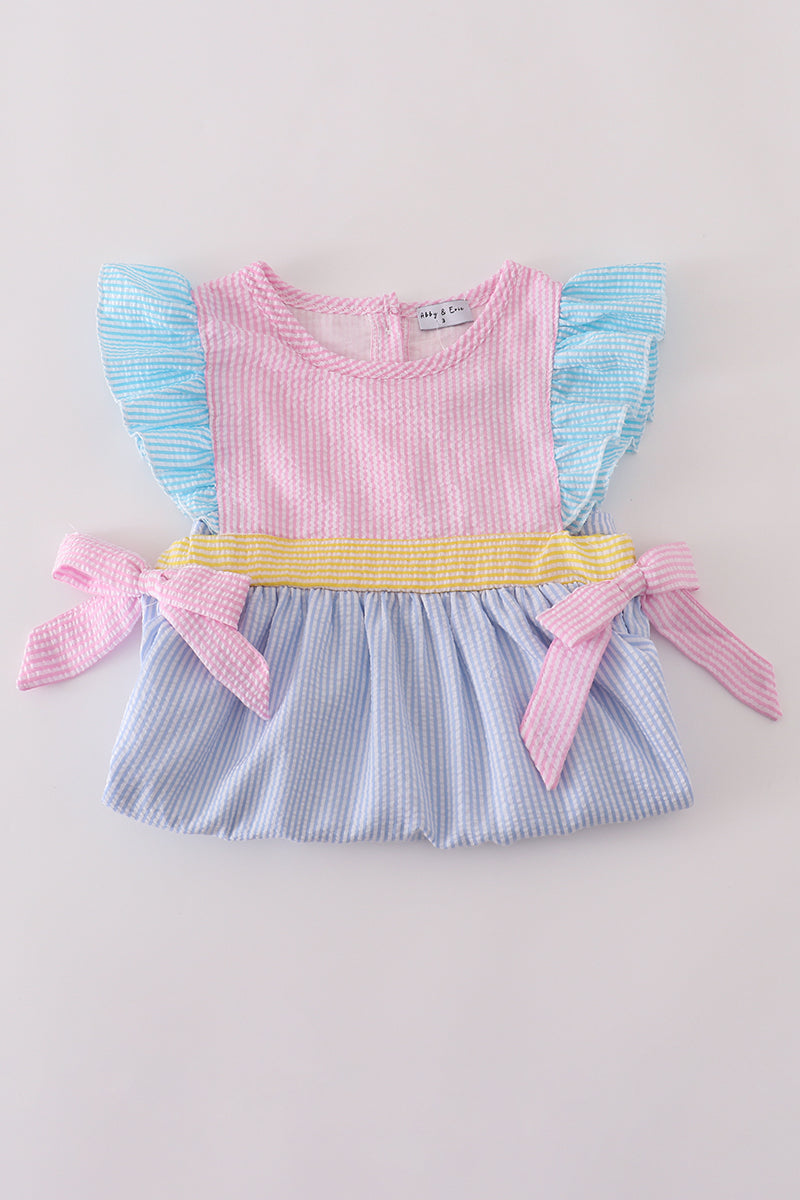 Multi seersucker stripe ruffle dress