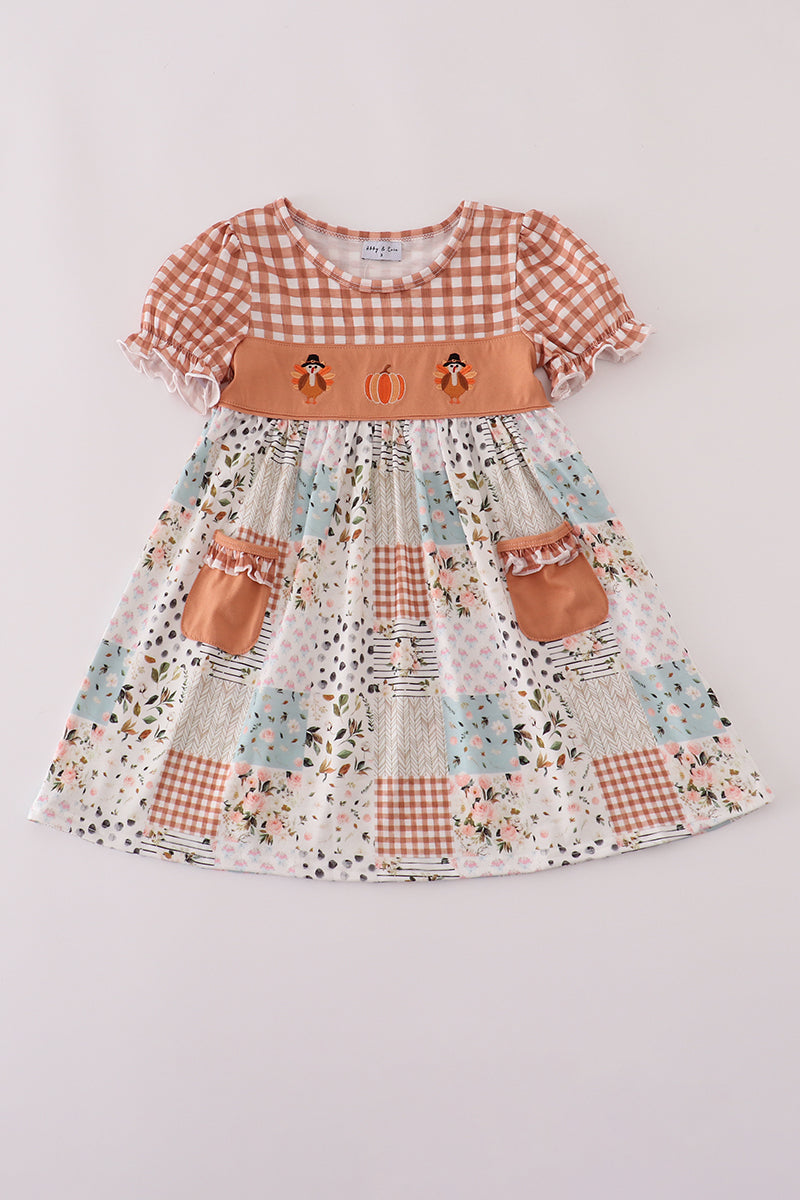 Fall floral print turkey pumpkin embroidery dress