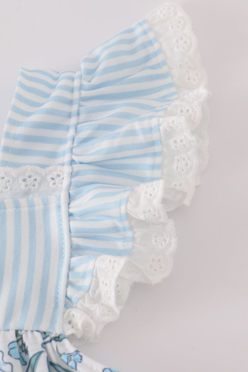 Blue bow & lace print ruffle dress