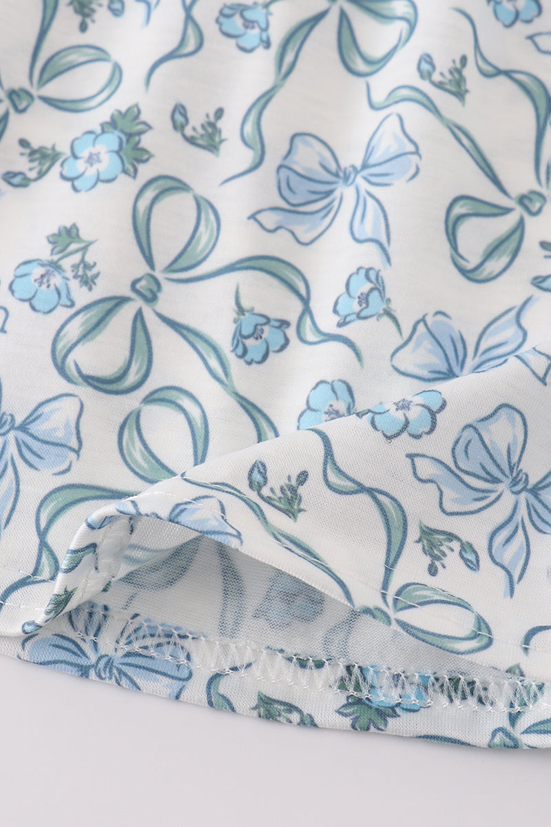 Blue bow & lace print ruffle dress
