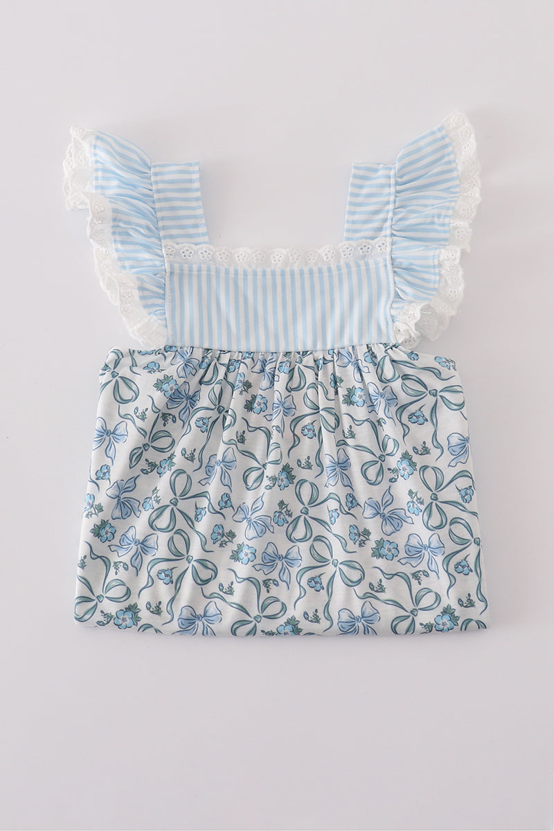 Blue bow & lace print ruffle dress