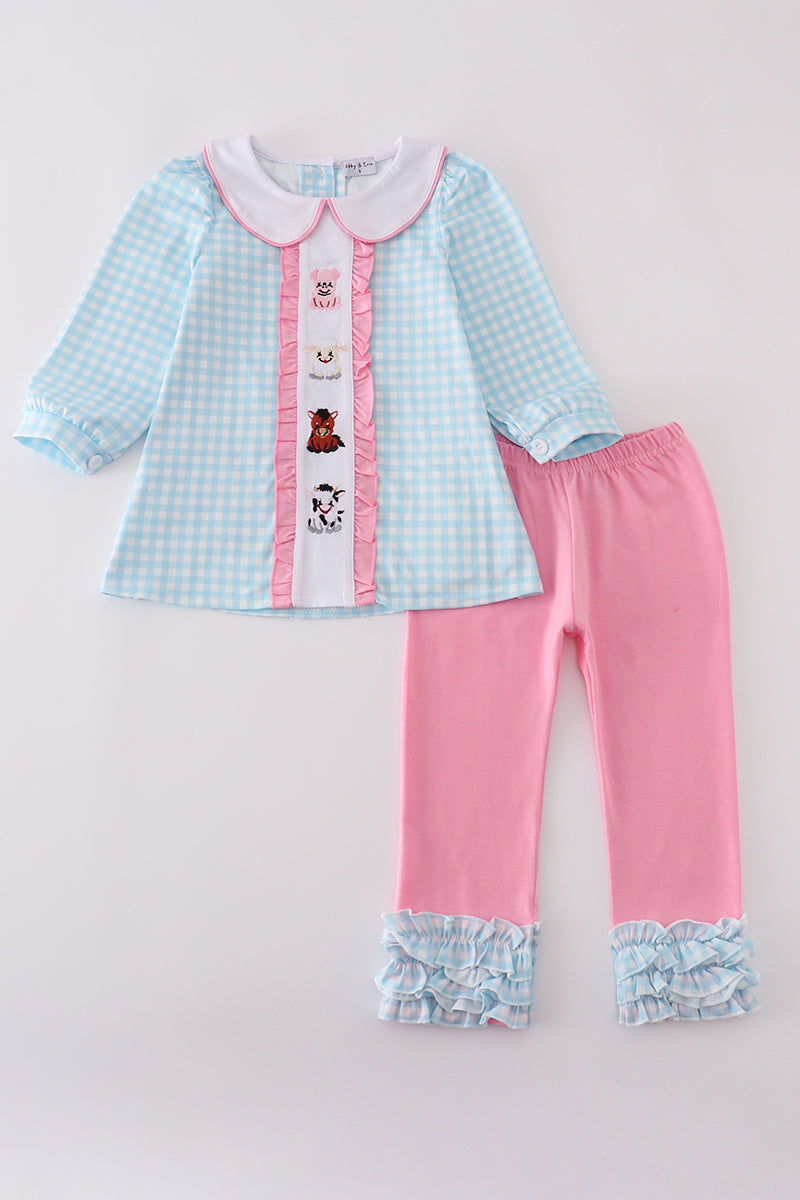 Blue farm embroidery gingham ruffle pants set