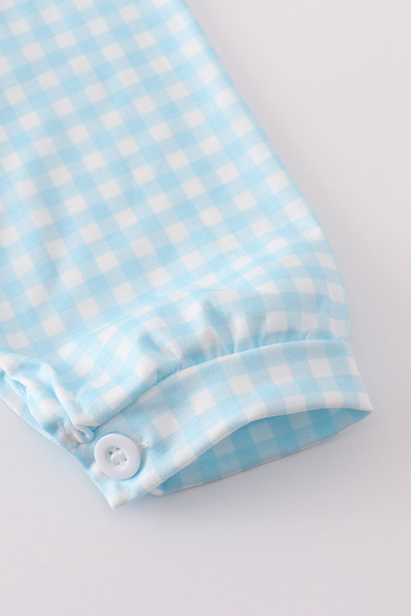 Blue farm embroidery gingham ruffle pants set