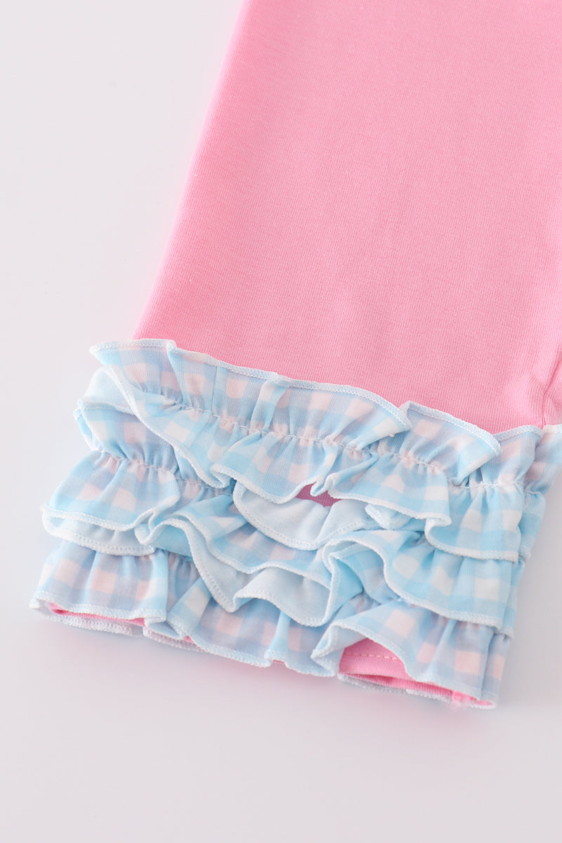 Blue farm embroidery gingham ruffle pants set