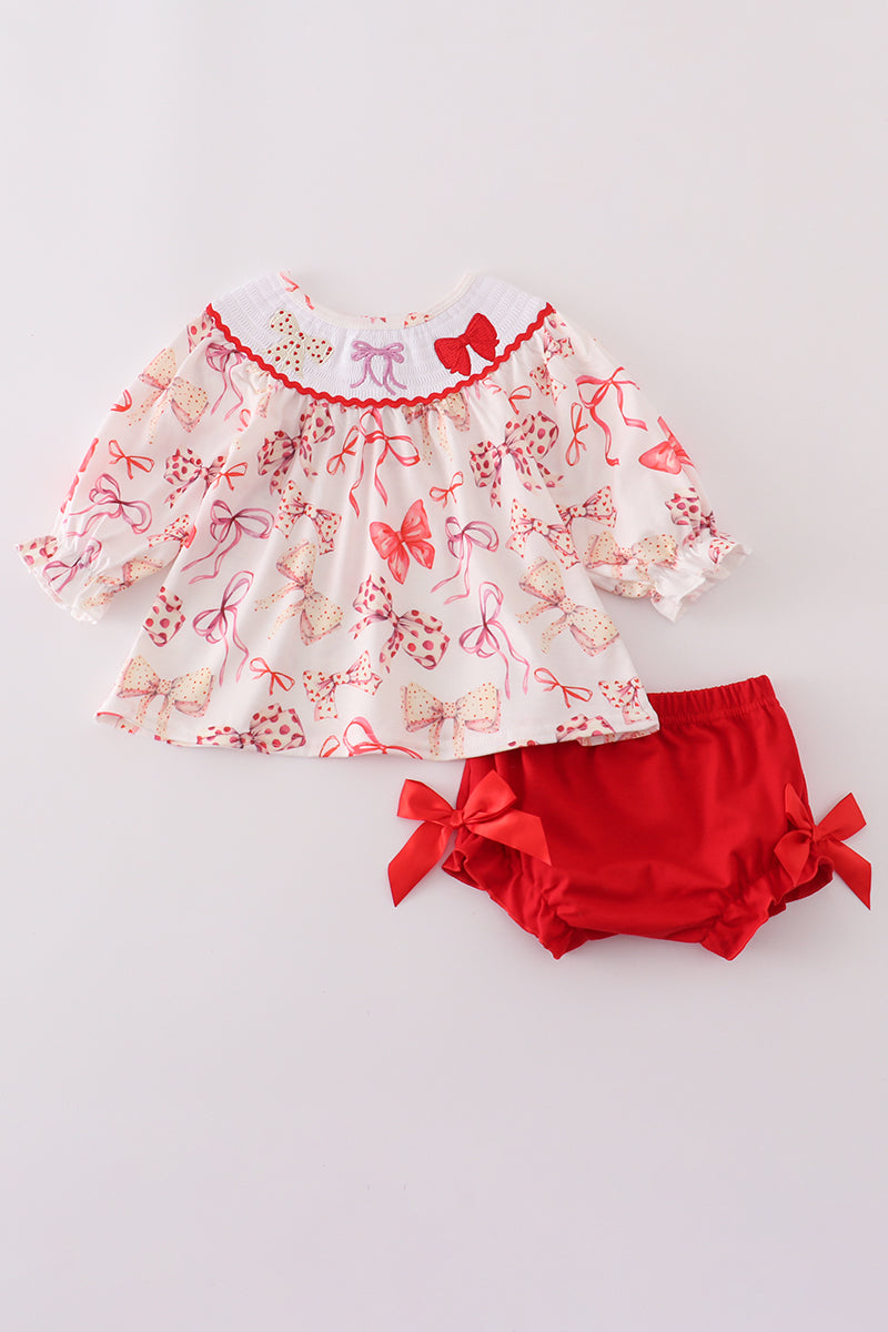 Red bow smocked bloomer set