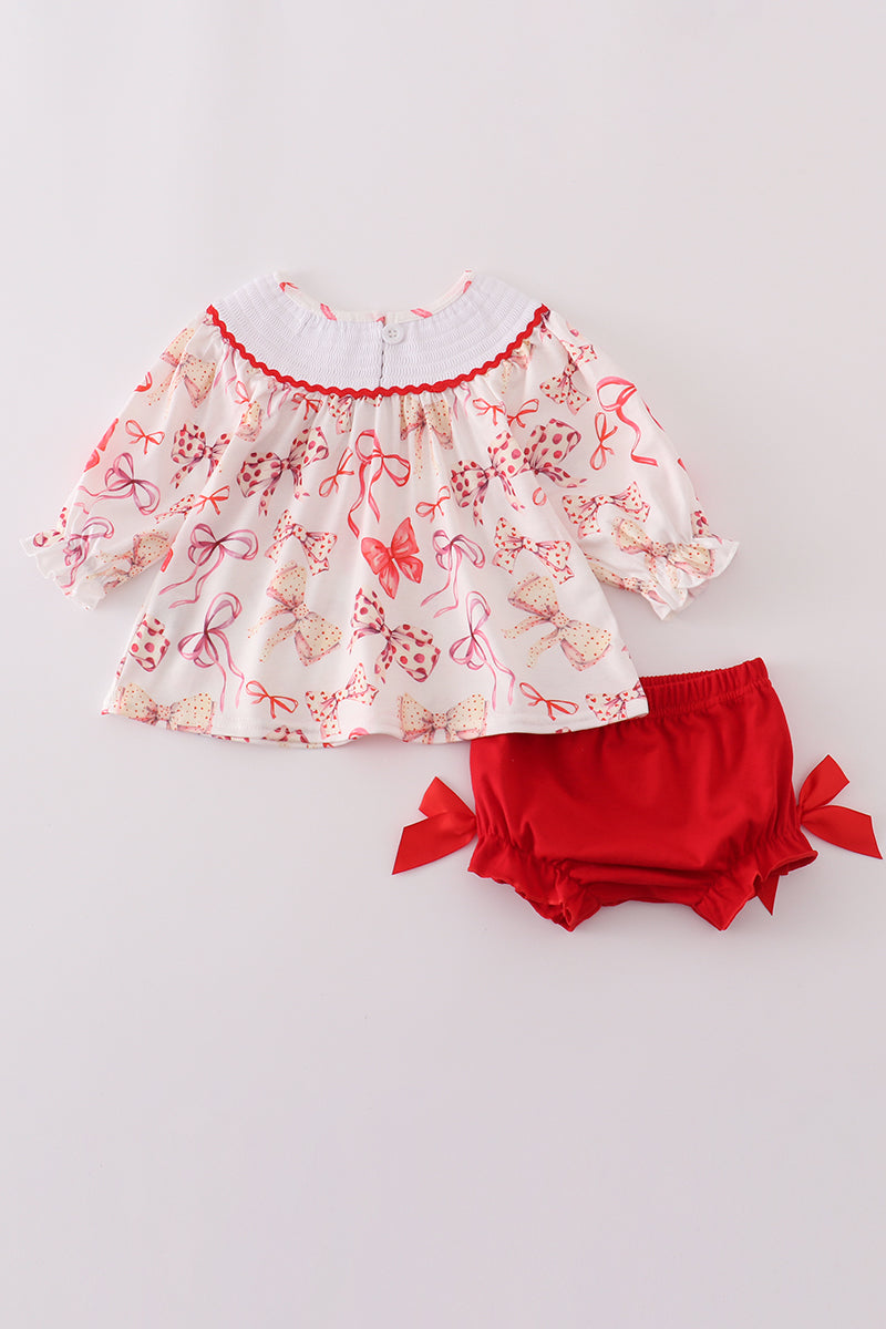 Red bow smocked bloomer set