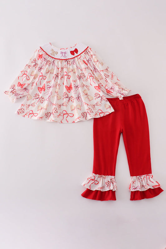 Red bow smocked ruffle pants set