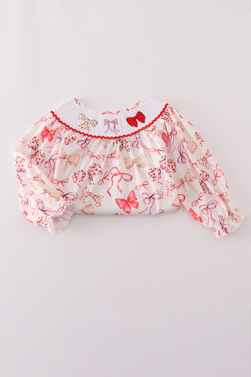 Red bow smocked ruffle pants set