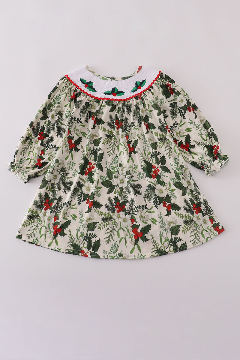 Green holly floral smocked dress