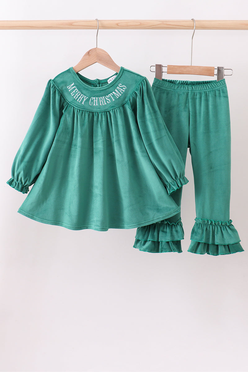 Forest merry christmas embroidery ruffle pants set