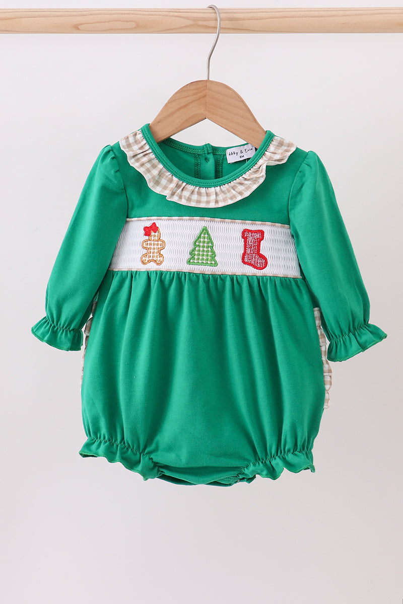 Green gingerbread smocked ruffle bubble