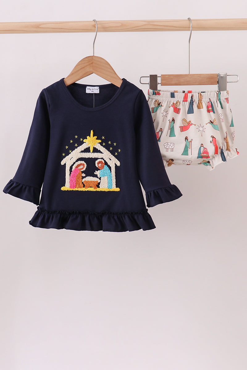 Navy nativity french knot bloomer set