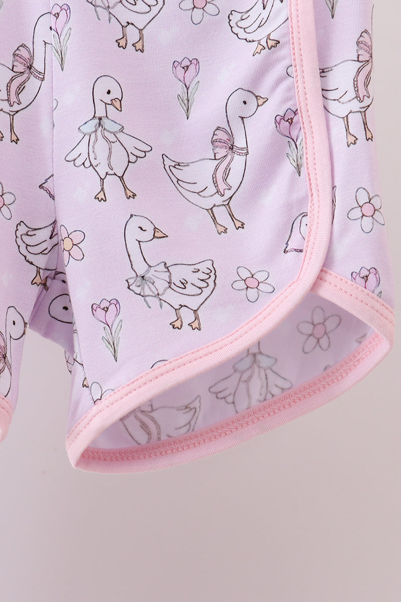 Pink floral bow duck bamboo pajamas shorts set