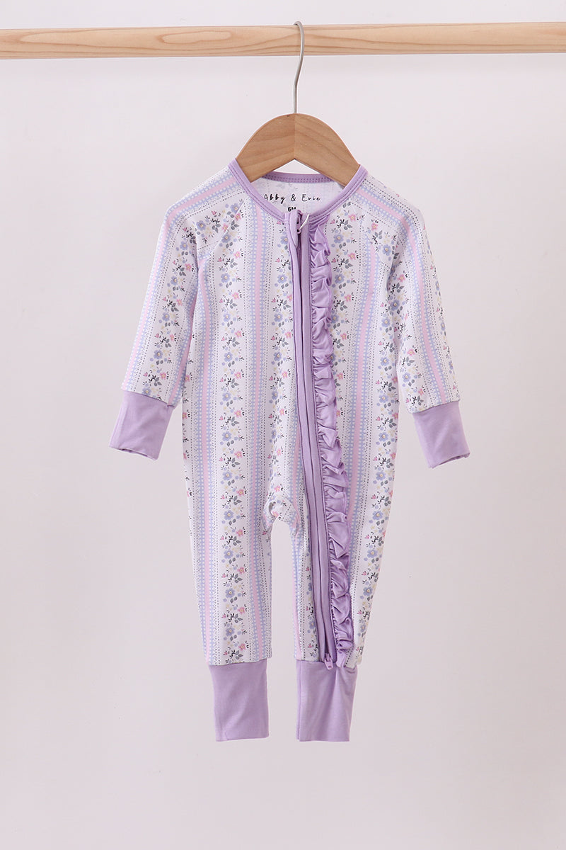 Lavender floral ruffle bamboo pajams zipper romper
