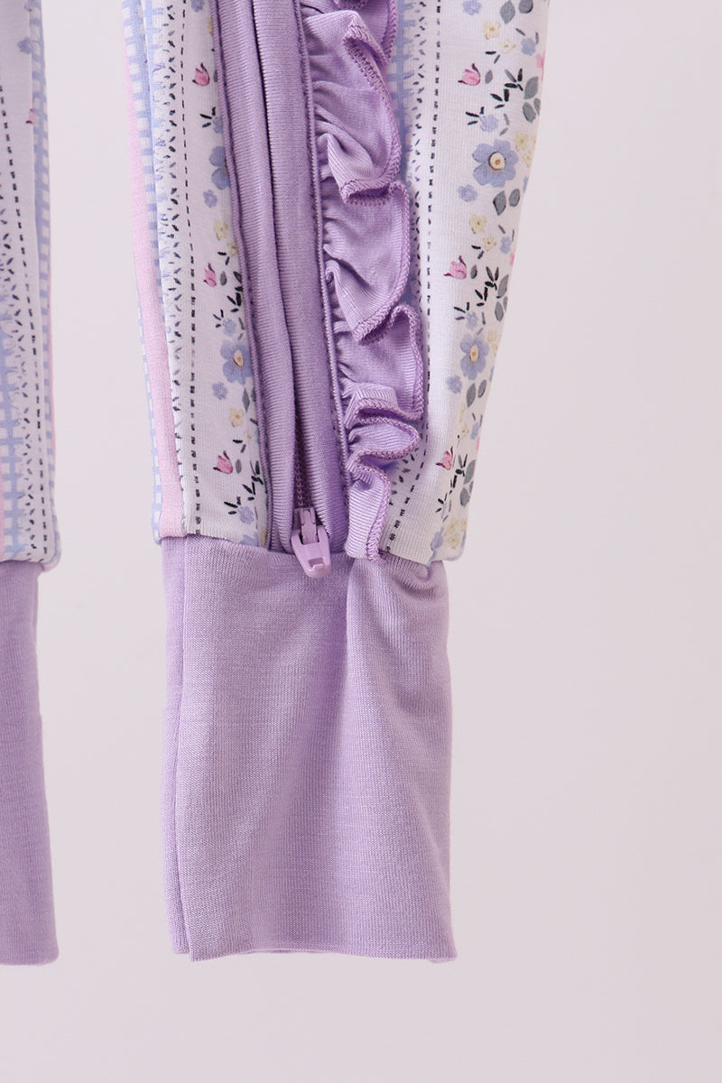 Lavender floral ruffle bamboo pajams zipper romper