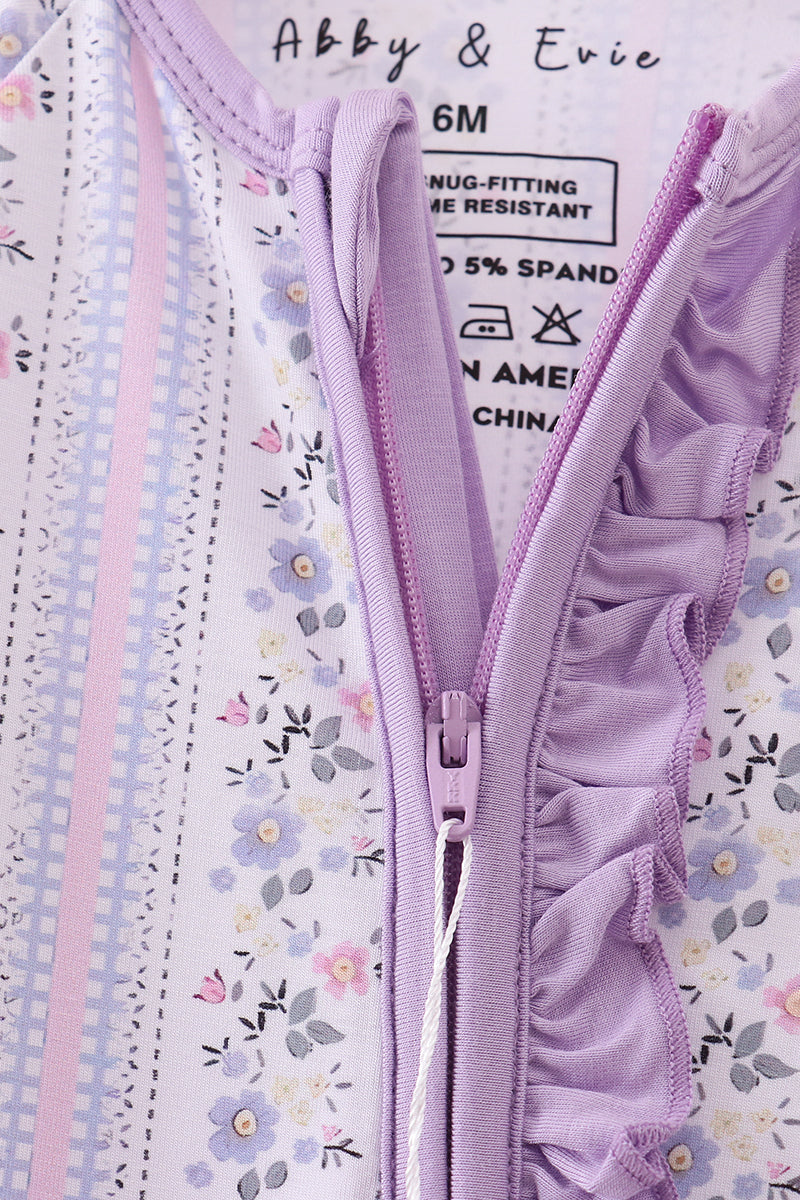 Lavender floral ruffle bamboo pajams zipper romper