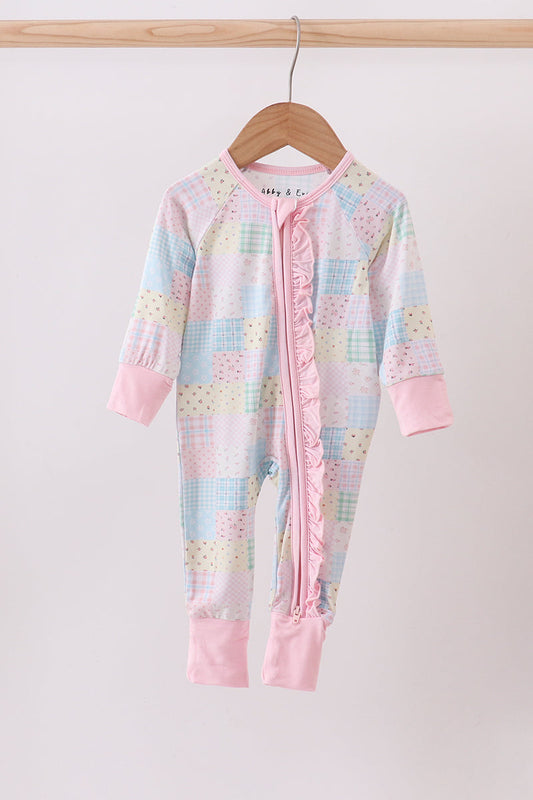 Pink floral checkered bamboo pajamas zipper romper