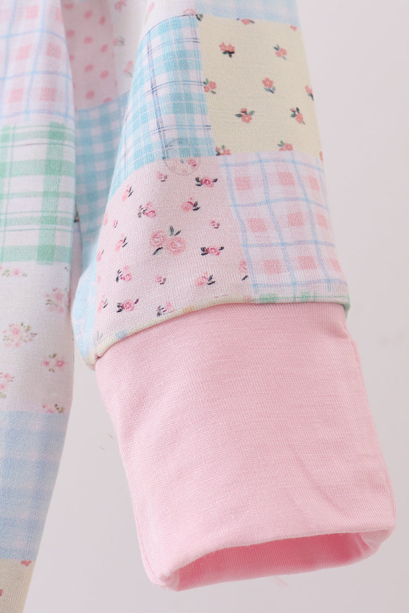 Pink floral checkered bamboo pajamas zipper romper