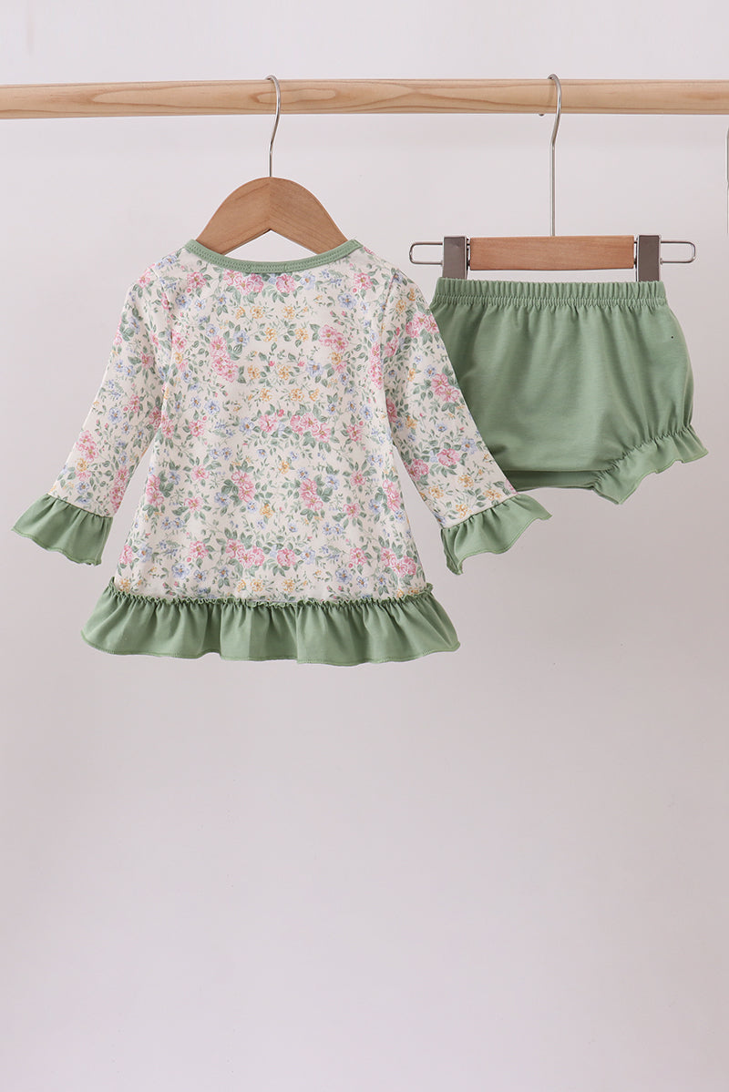 Green floral god is great embroidery ruffle bloomer set