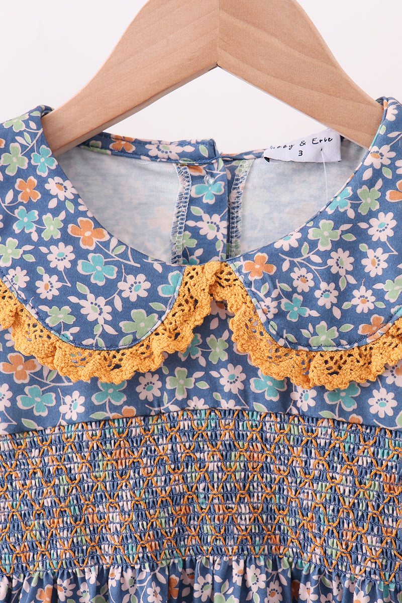 Navy floral smocked ruffle pants set
