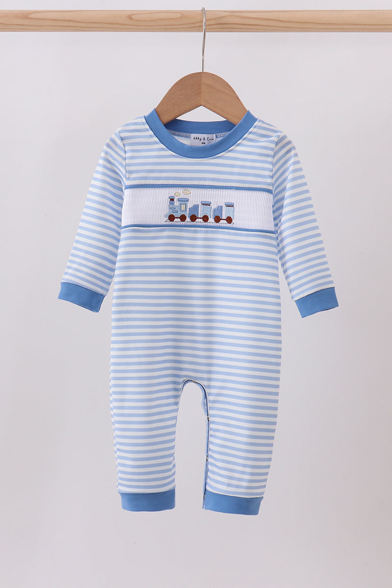 Blue train smocked stripe romper