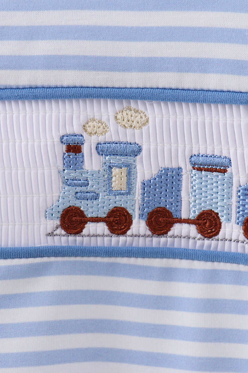 Blue train smocked stripe romper