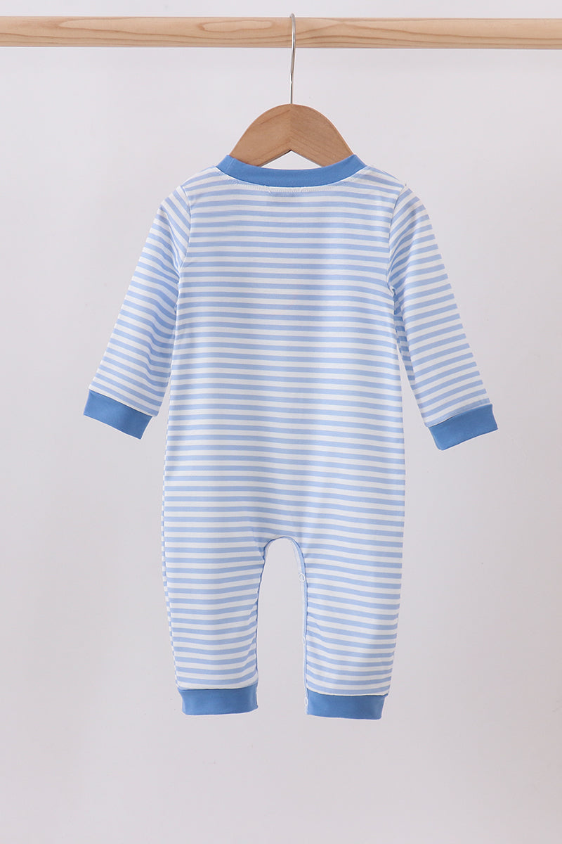 Blue train smocked stripe romper