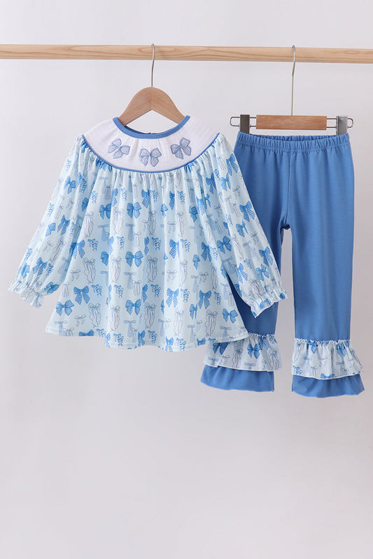 Blue bow smocked ruffle pants set