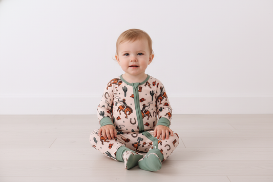 Green cowboy bamboo zipper romper