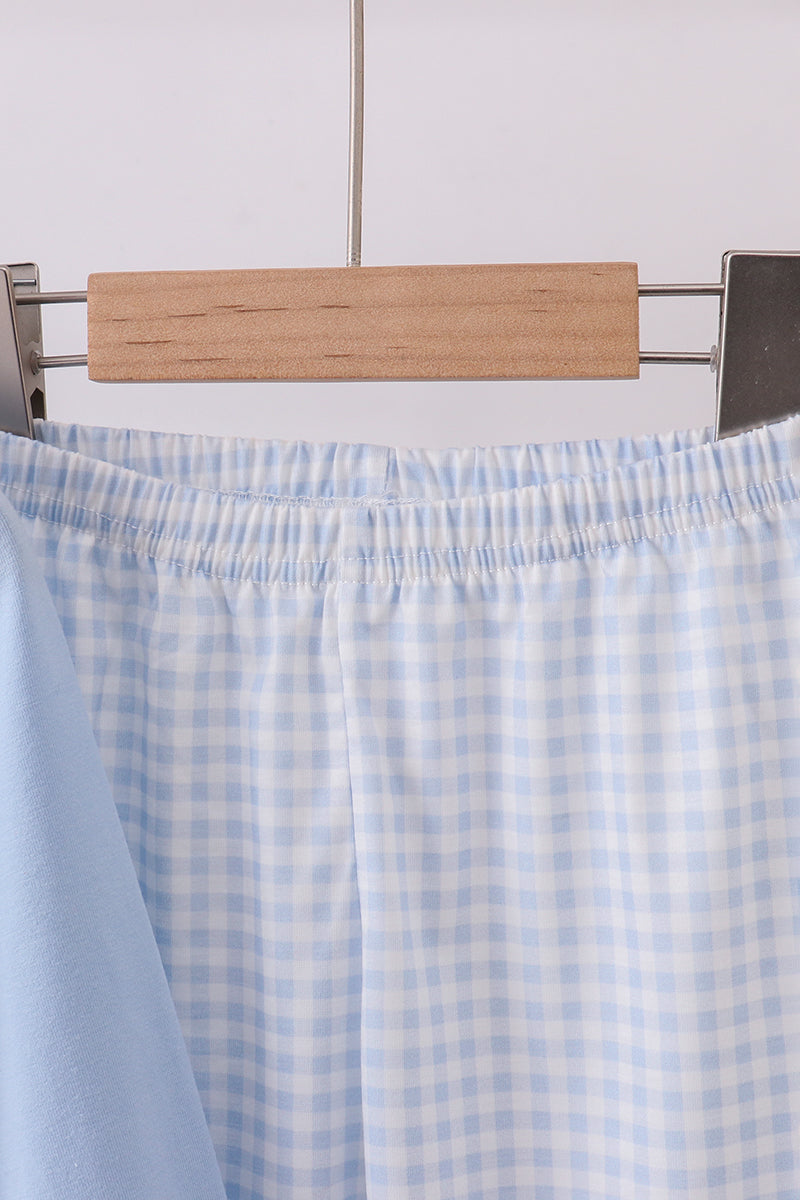 Blue cotton applique gingham pants set