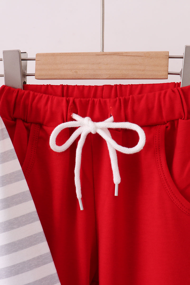 Red stripe construction embroidery pants set
