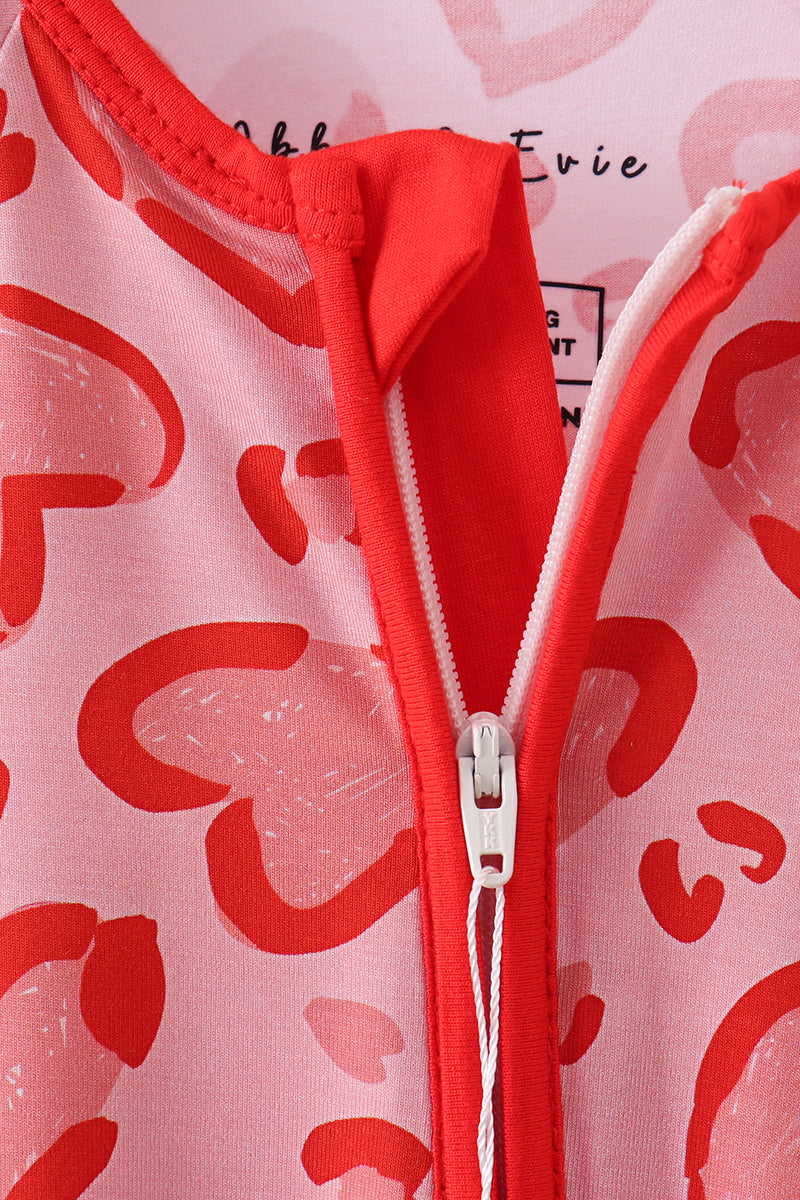 Red heart print bamboo zipper romper