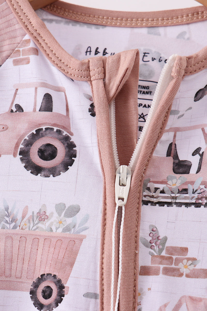 Khaki crane bamboo pajama zipper romper