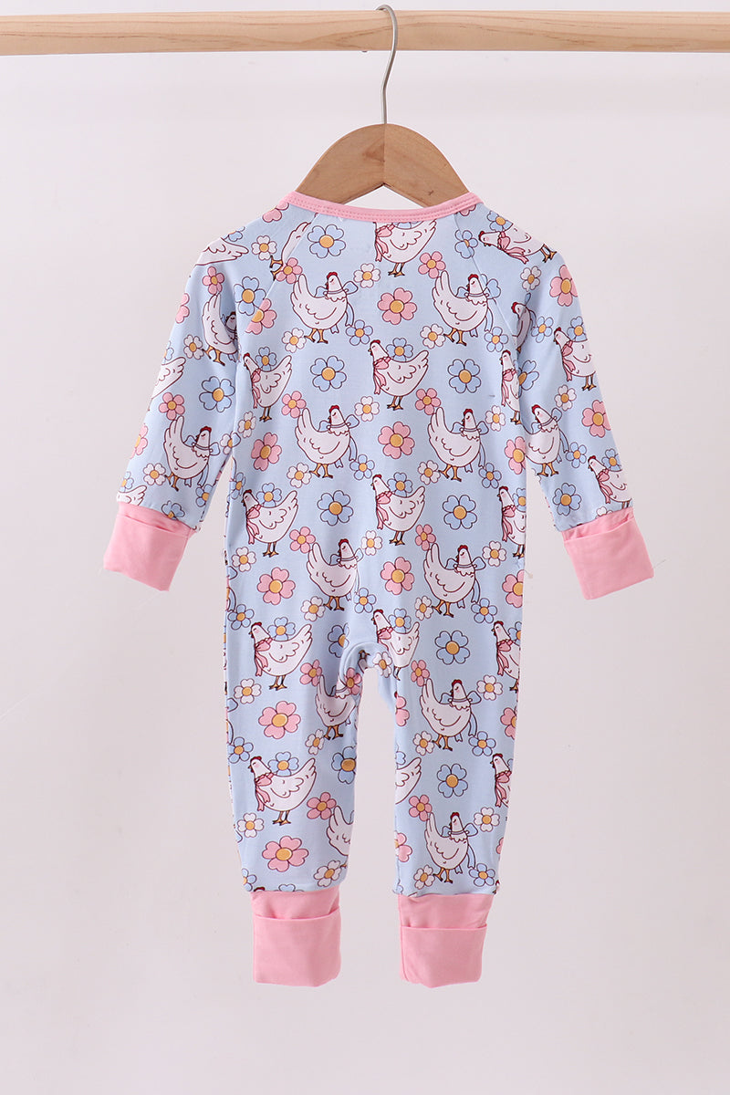 Blue chicken floral print pajama romper