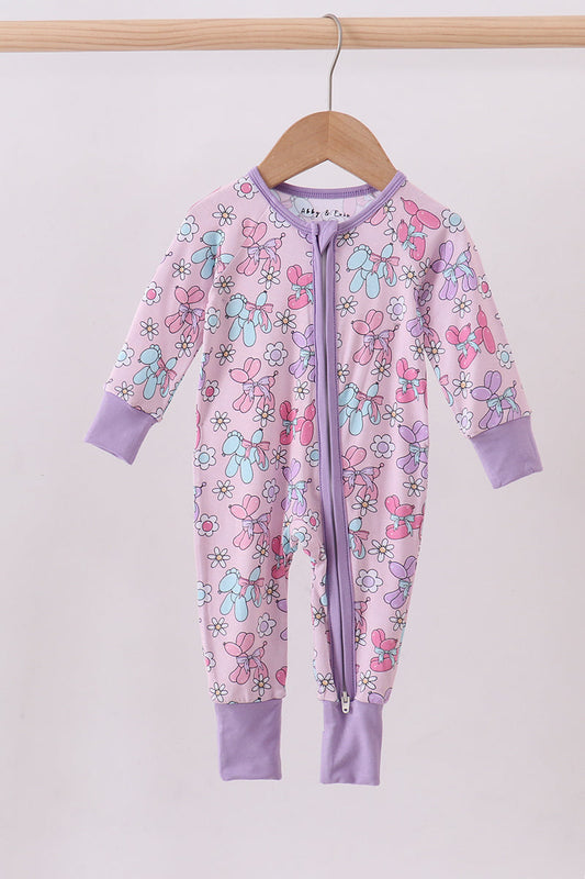 Purple balloon floral bamboo zipper romper