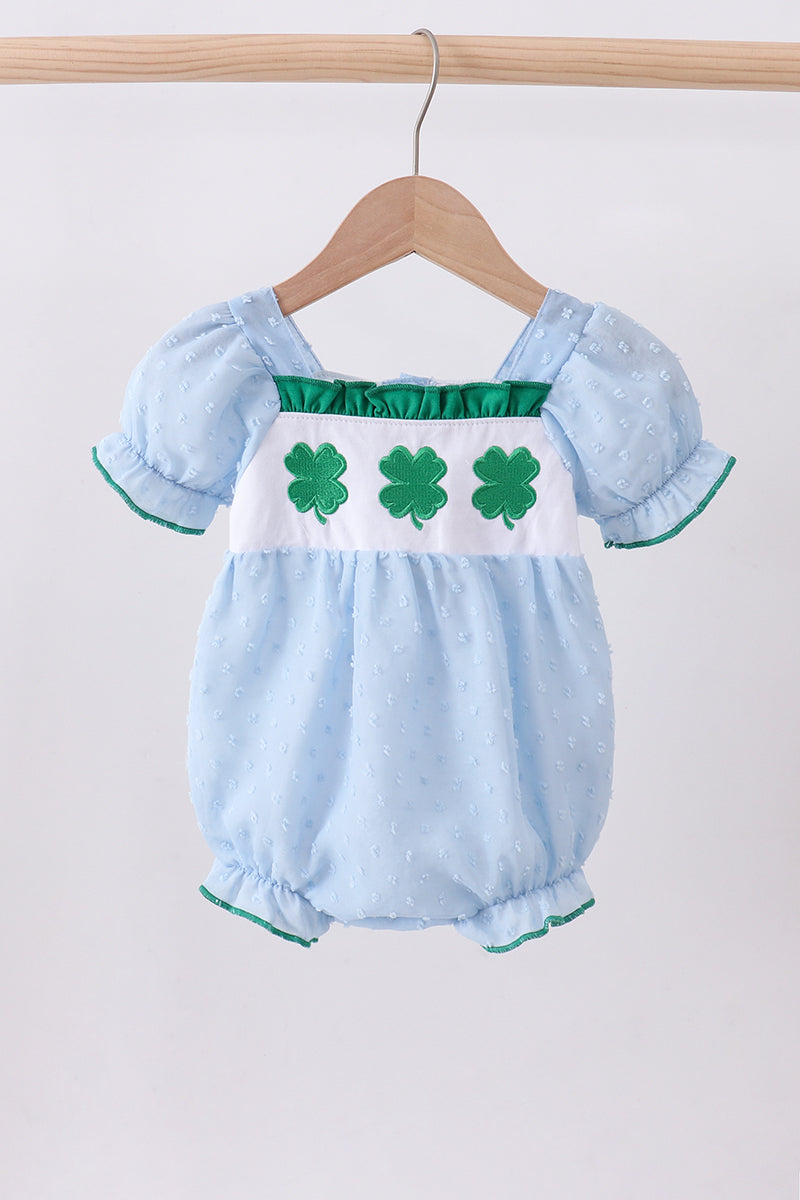 Blue clover embroidery swiss dot bubble