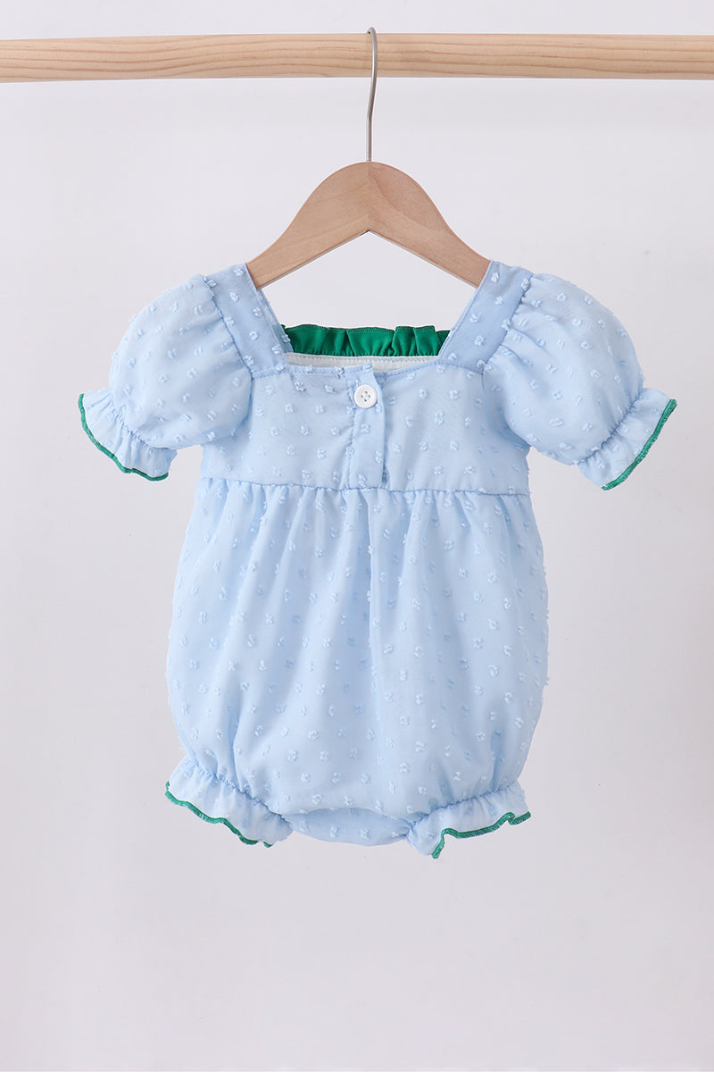 Blue clover embroidery swiss dot bubble