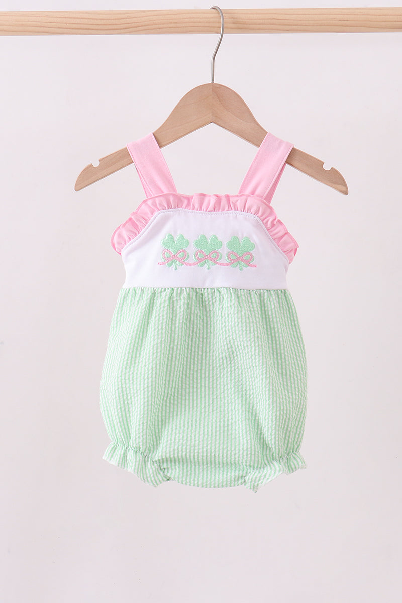 Green clover bow embroidery seersucker bubble