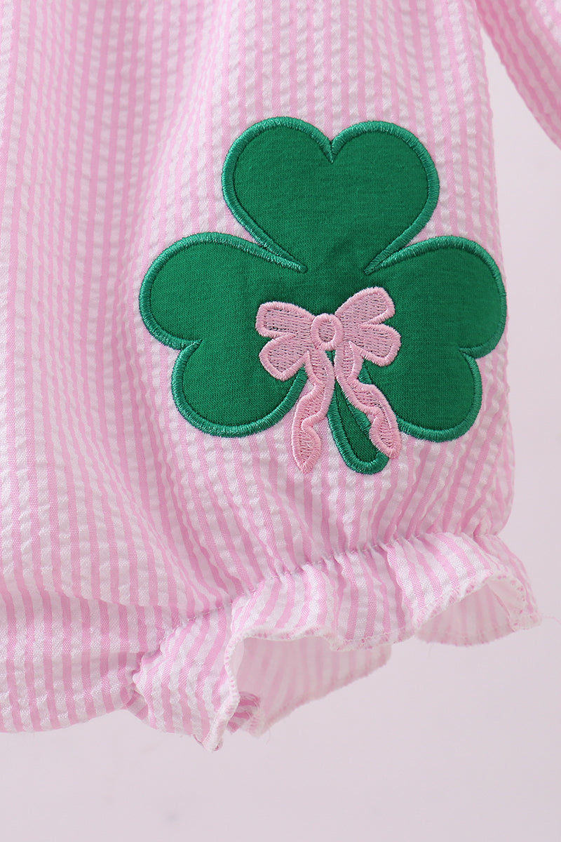 Pink clover applique seersucker bubble