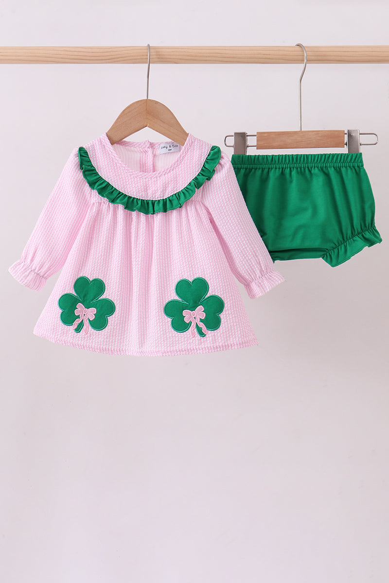 Pink clover applique seersucker bloomer set
