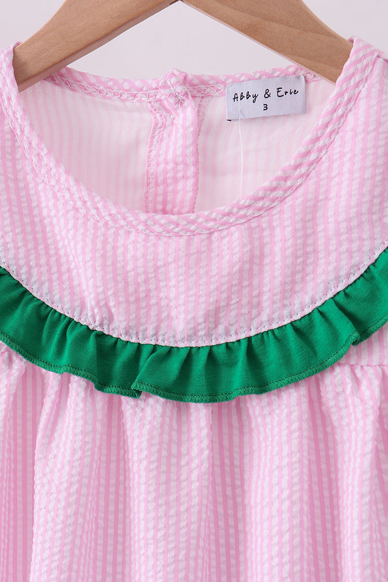 Pink clover applique seersucker pants set