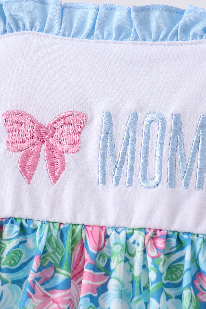 Blue I love MOMMY embroidery ruffle shorts set