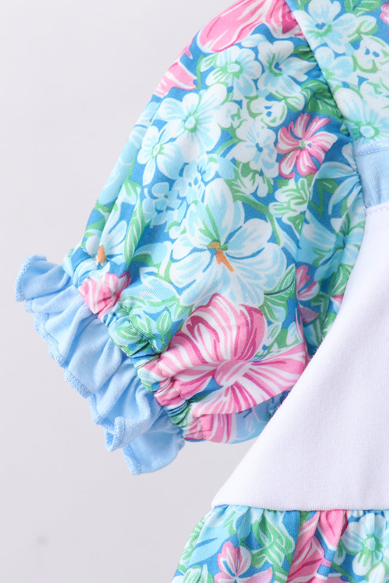 Blue I love MOMMY embroidery ruffle shorts set