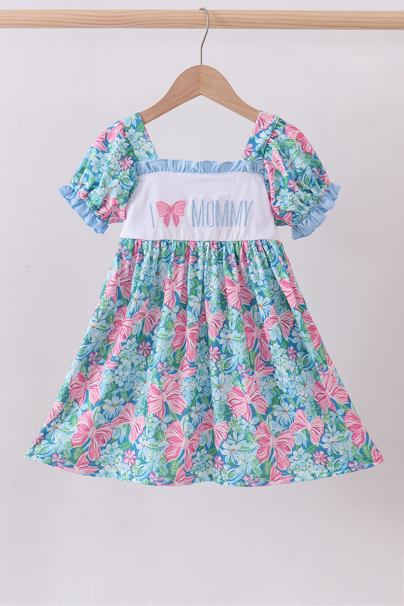 Blue I love MOMMY embroidery ruffle dress