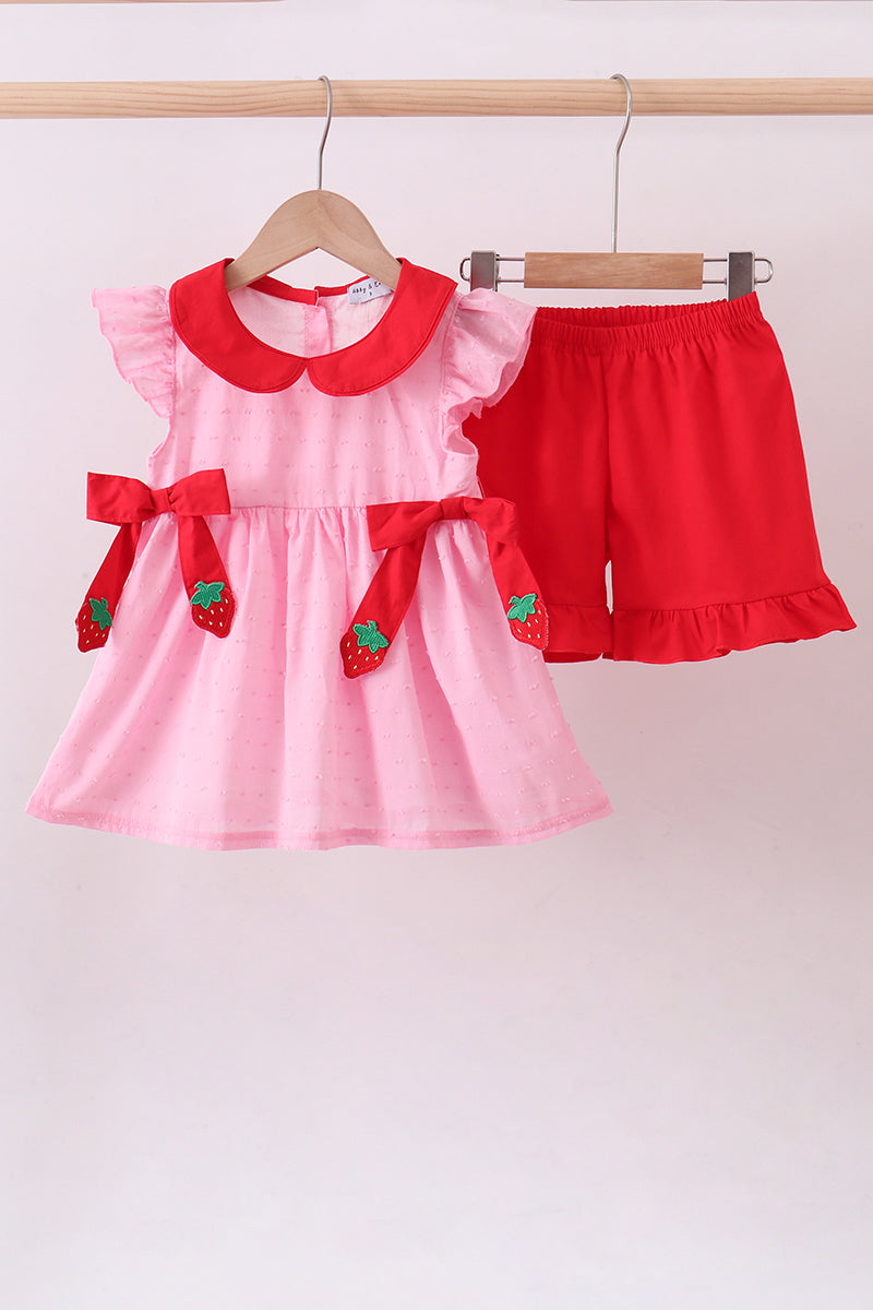 Pink strawberry swiss dot shorts set