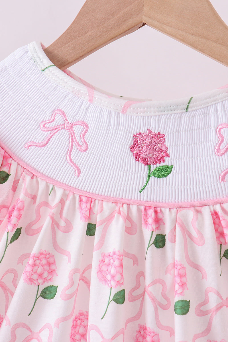 Pink bow hydrangea smocked bloomer set