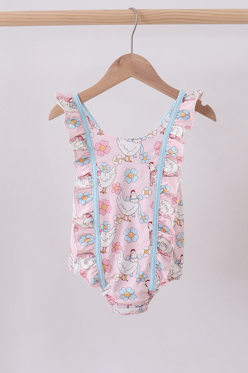 Pink chicken floral one-piece swimsuit