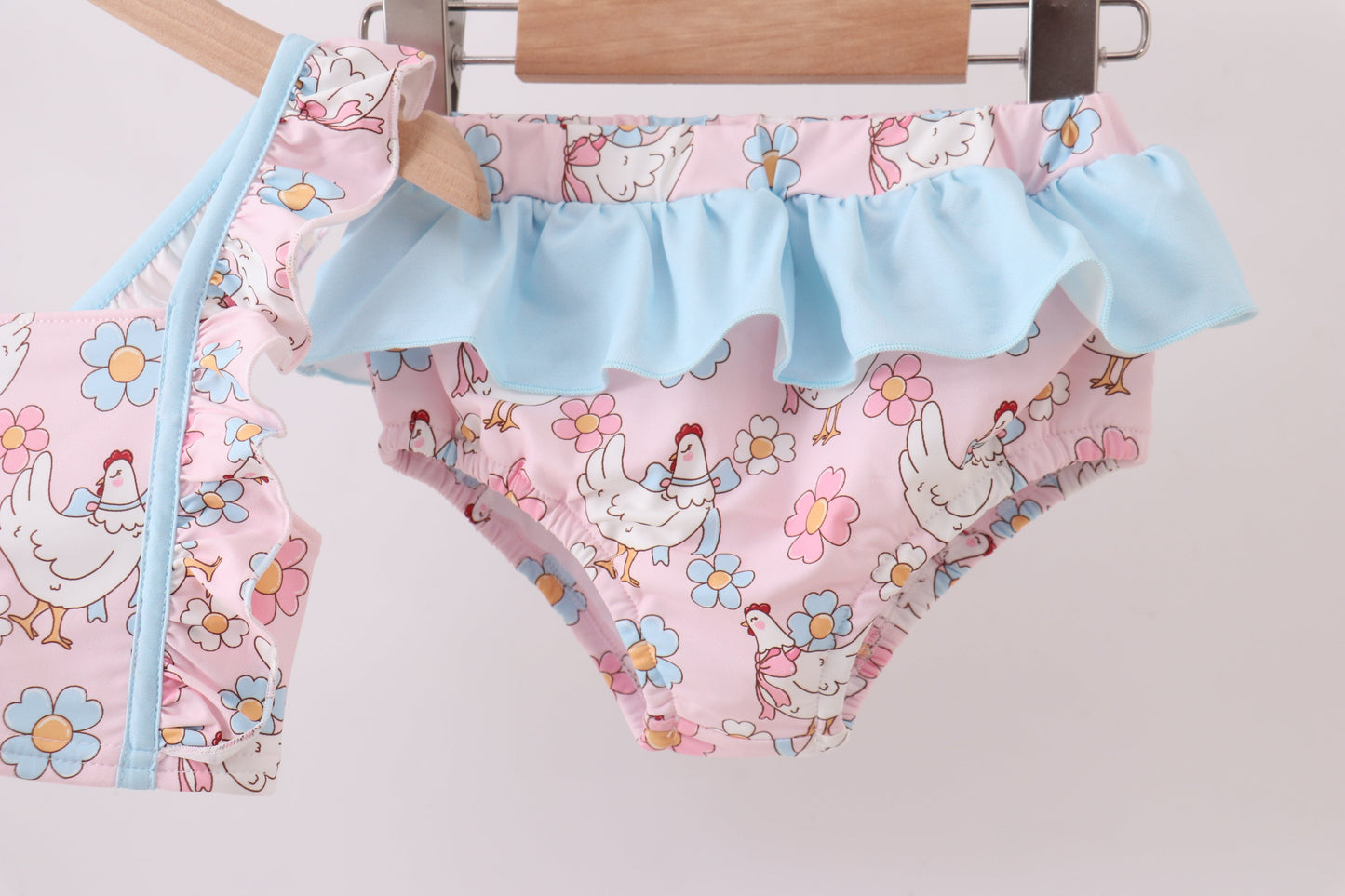 Pink chicken floral 2pcs ruffle swimsuit
