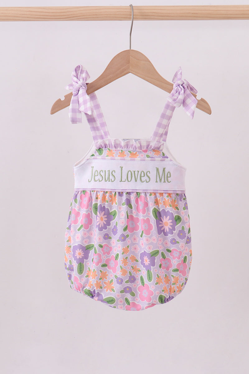 Purple floral Jesus loves me embroidery bubble