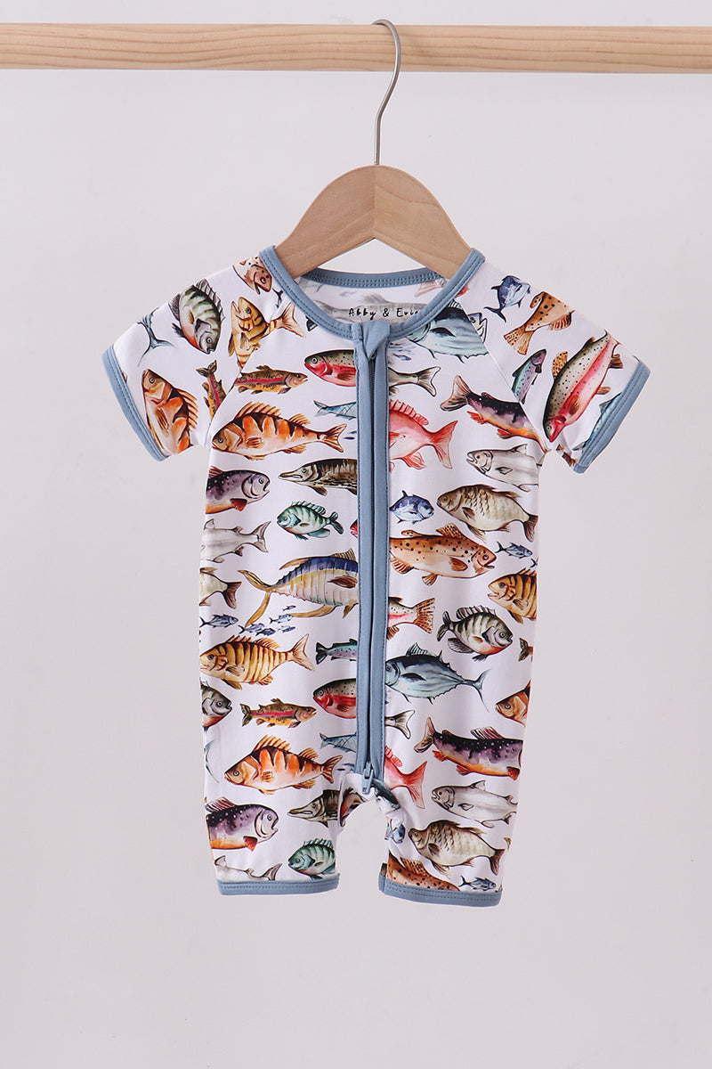 Navy fish bamboo romper